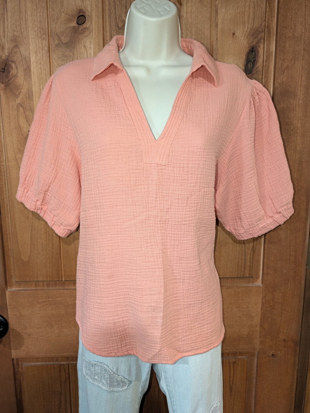 Falls Creek Peach Collared V-Neck Gauze Blouse